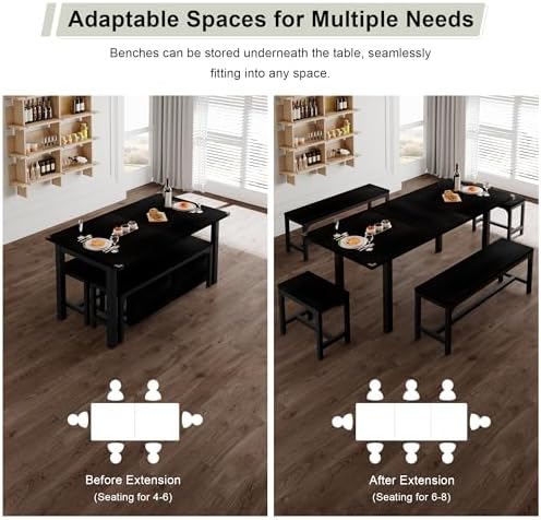 Feonase 5-Piece Dining Table Set for 4-8 People, 63" Large Extendable Kitchen Table Set with 2 Benches and 2 Square Stools, Dining Room Table with MDF Wood Board, Easy Assembly, Black - Image 5