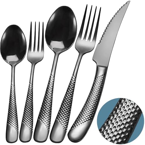 Runfly 20 Piece Hammered Black Silverware Set, 18/10 Stainless Steel Flatware Set, Modern Kitchen Utensil Set Service for 4, Tableware Set, Cutlery Set Including Fork Spoon and Knife - Image 2