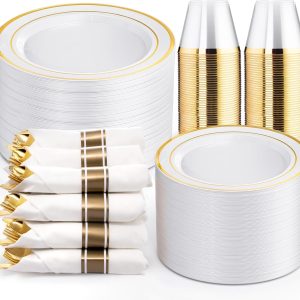 WELLIFE 350Pcs Gold Plastic Plates for 50 Guests - Plastic Dinnerware Set, Includes 100 Party Plates,150 Gold Silverware Disposable,50 Napkins,50 Cups,Disposable Plates for Party and Wedding