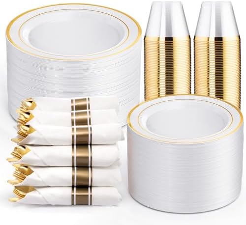 WELLIFE 350Pcs Gold Plastic Plates for 50 Guests - Plastic Dinnerware Set, Includes 100 Party Plates,150 Gold Silverware Disposable,50 Napkins,50 Cups,Disposable Plates for Party and Wedding - Image 2