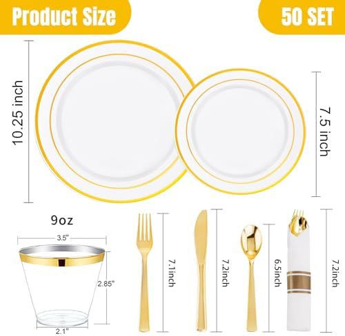 WELLIFE 350Pcs Gold Plastic Plates for 50 Guests - Plastic Dinnerware Set, Includes 100 Party Plates,150 Gold Silverware Disposable,50 Napkins,50 Cups,Disposable Plates for Party and Wedding - Image 3