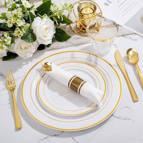 WELLIFE 350Pcs Gold Plastic Plates for 50 Guests - Plastic Dinnerware Set, Includes 100 Party Plates,150 Gold Silverware Disposable,50 Napkins,50 Cups,Disposable Plates for Party and Wedding - Image 4