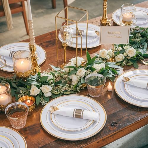 WELLIFE 350Pcs Gold Plastic Plates for 50 Guests - Plastic Dinnerware Set, Includes 100 Party Plates,150 Gold Silverware Disposable,50 Napkins,50 Cups,Disposable Plates for Party and Wedding - Image 5
